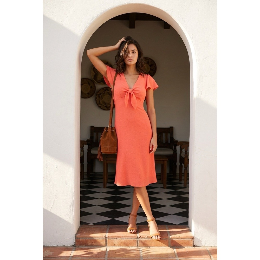 BCBG Paris Chiffon Coral V-Neck Tie Front Midi Dress Lining Stretch